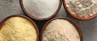 Calorie content of different types of flour per 100 g: wheat, rice, rye and others