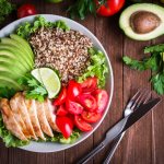 Proper and healthy nutrition: chicken, porridge, avocado, tomatoes