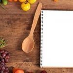 Notebook, vegetables and fruits