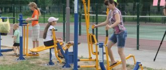 Outdoor sports equipment on playgrounds. How to exercise correctly, elliptical, power, step 